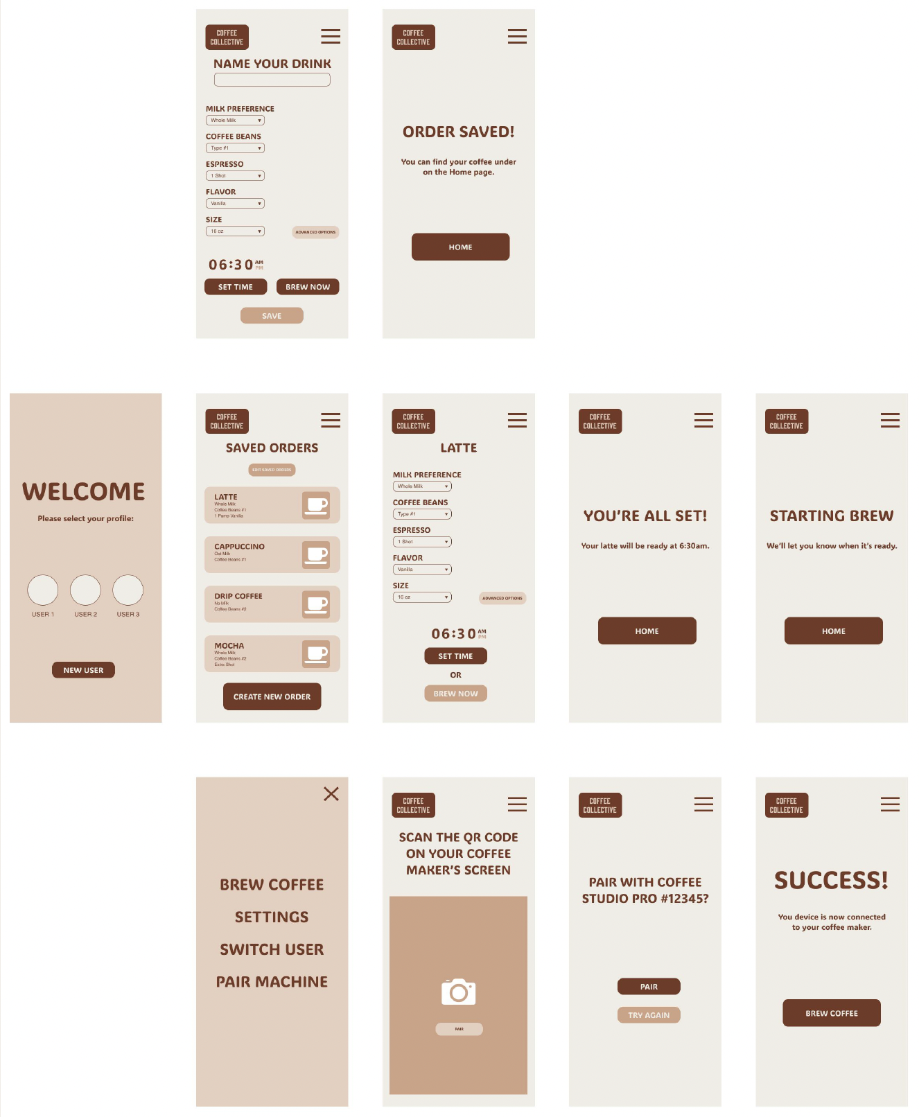 Series of mobile app screens for coffee ordering app, showing drink customization, saved orders, pairing devices, and success screens with various options and buttons.