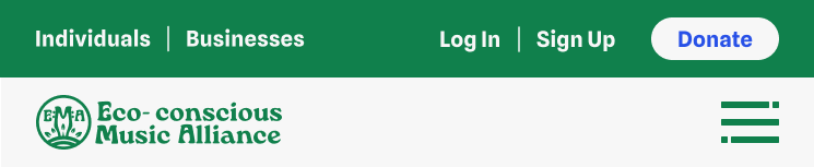 Eco-conscious Music Alliance website header with login and sign-up options, and a donate button.