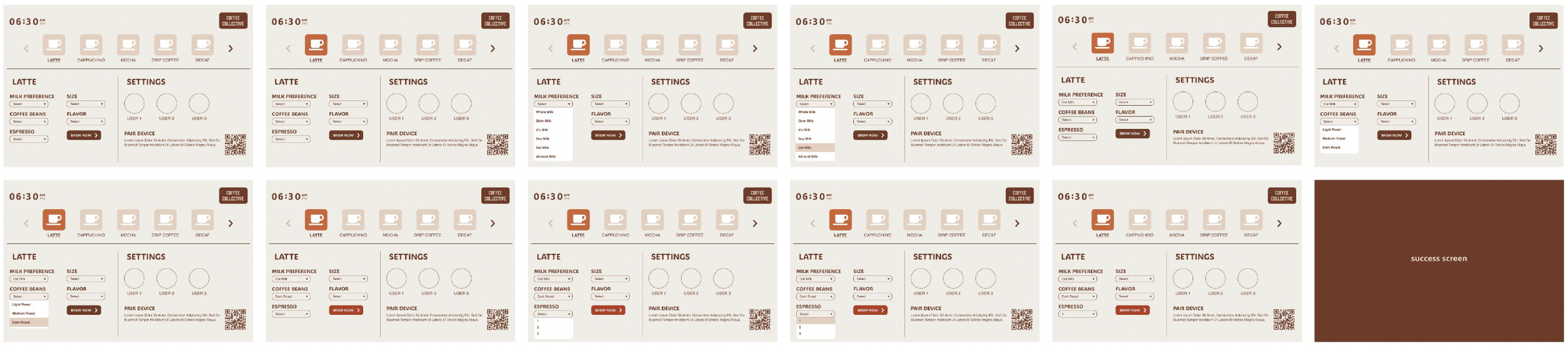 A series of screenshots from a coffee machine interface displaying options for coffee selections, settings, and a success screen.