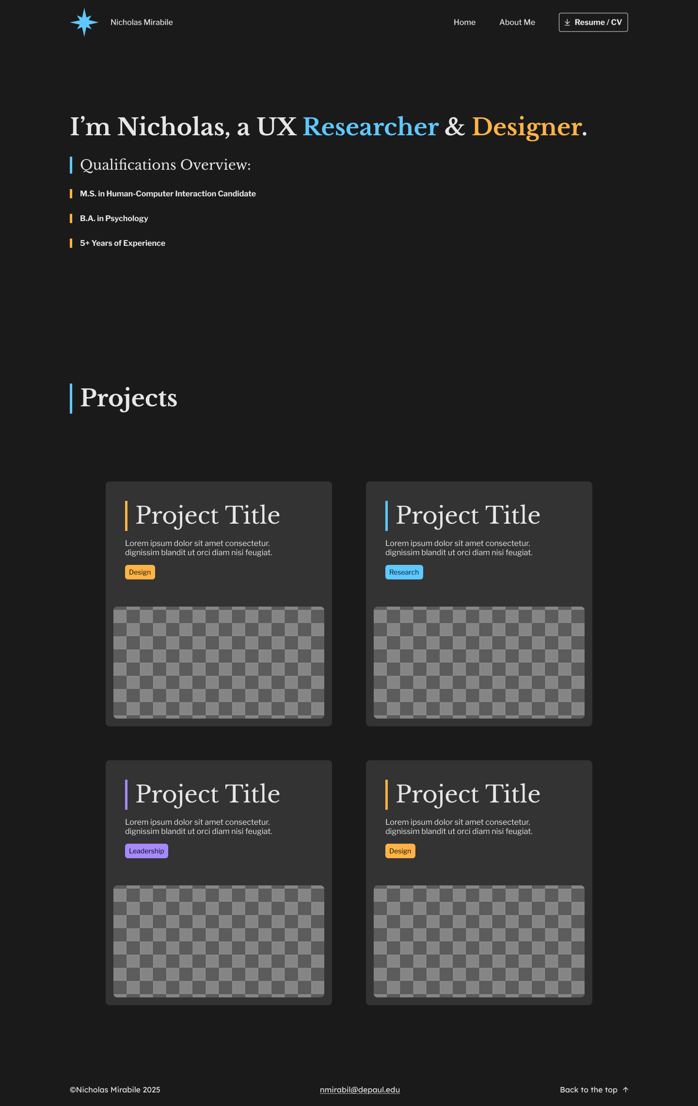Dark-themed personal portfolio webpage for Nicholas Mirabile, featuring navigation links, a name and profession header, qualifications overview, and project showcase with four sample projects labeled Design, Research, Leadership, and Design.