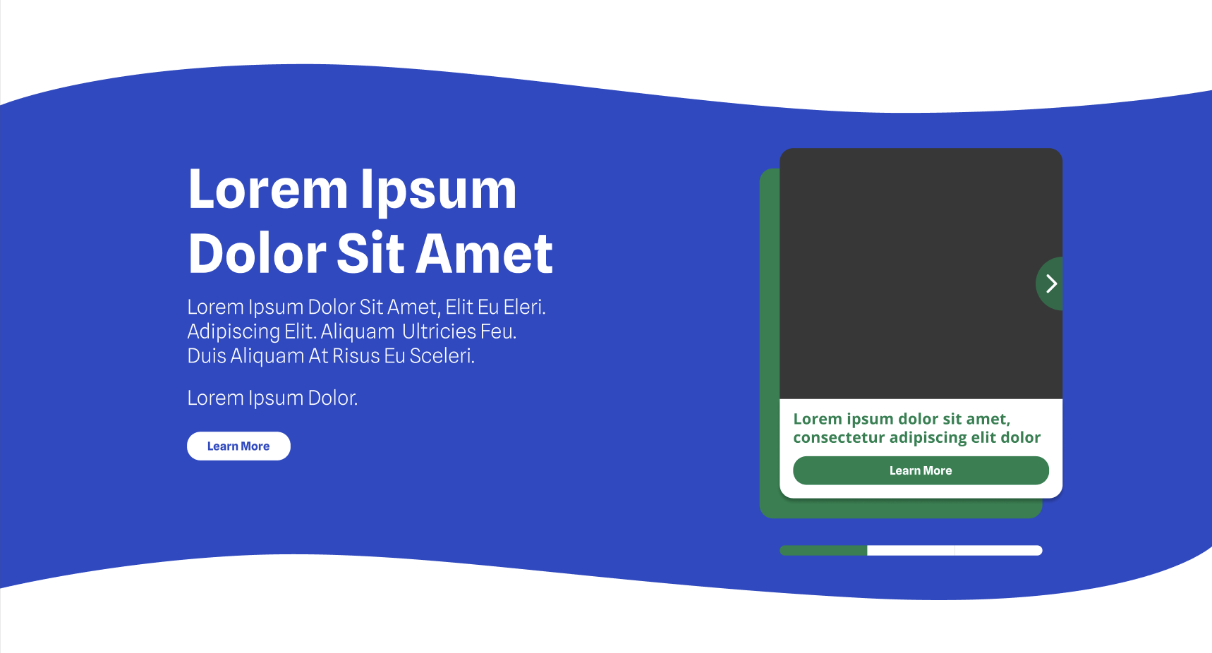 Webpage with a blue background, white header text, and an image of a mobile app interface showing a green "Learn More" button and slider indicators.
