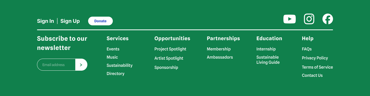 Green website footer with navigation links, social media icons, and a newsletter sign-up form.