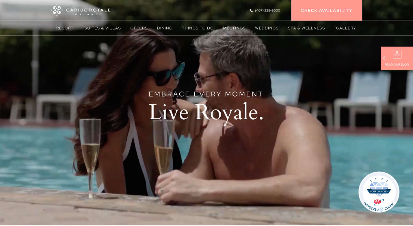 A screen capture of Caribe Royale's homepage depicting two people in swimming pools sharing champagne glasses, enjoying a sunny day at the resort.