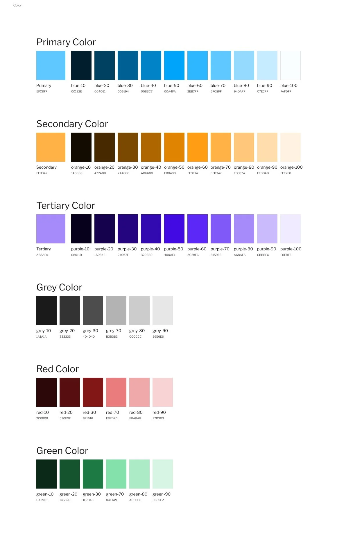 Color palette chart showing primary, secondary, tertiary, grey, red, and green colors with their shades and hexadecimal color codes.