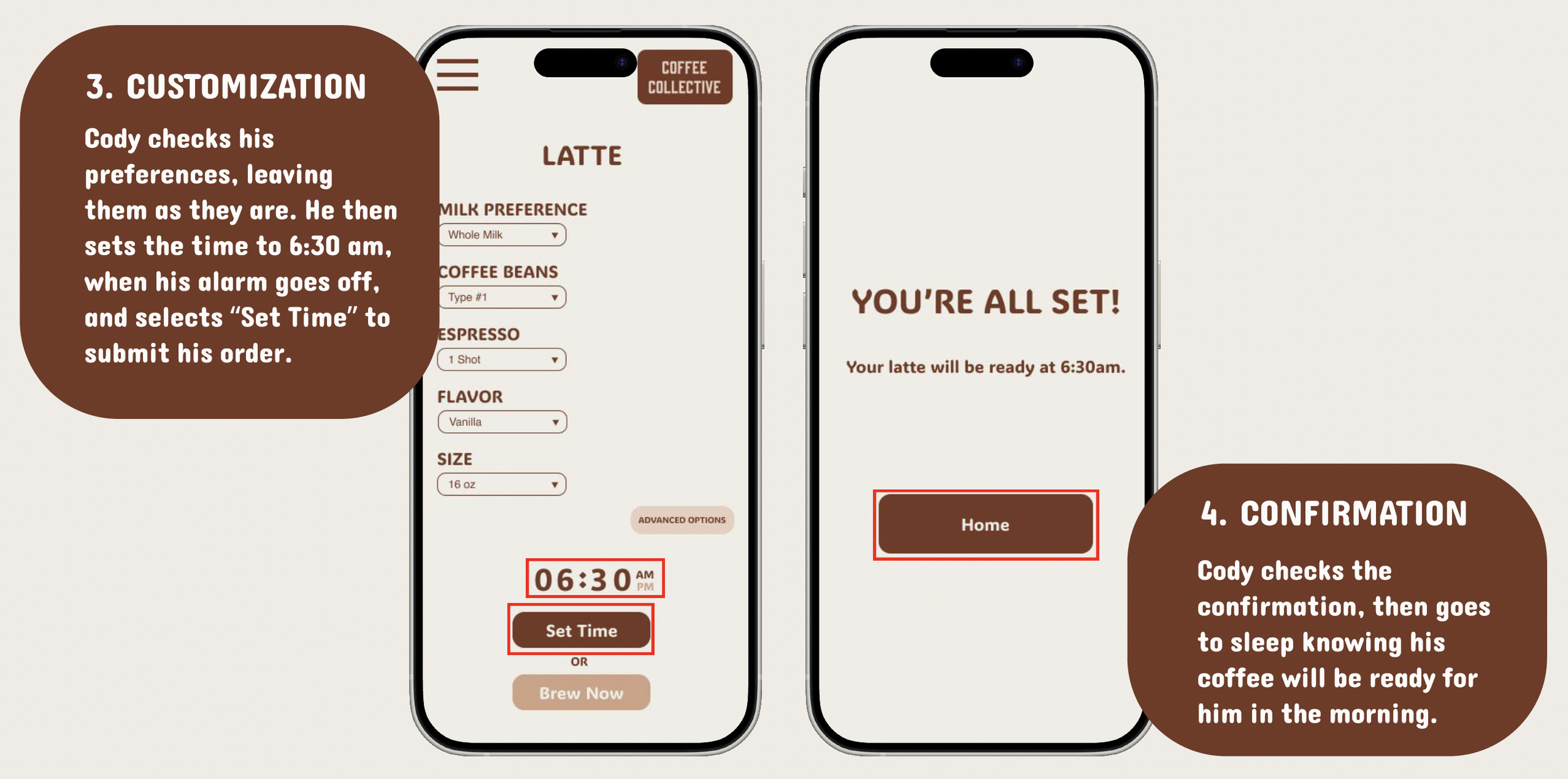 Mobile app screens showing coffee order customization and confirmation. The first screen displays options for milk preference, coffee beans, espresso, flavor, size, with a set time of 6:30 am, and a button to set the time. The second screen confirms the order with a message, "You're all set!" and the pickup time, with a "Home" button to return.