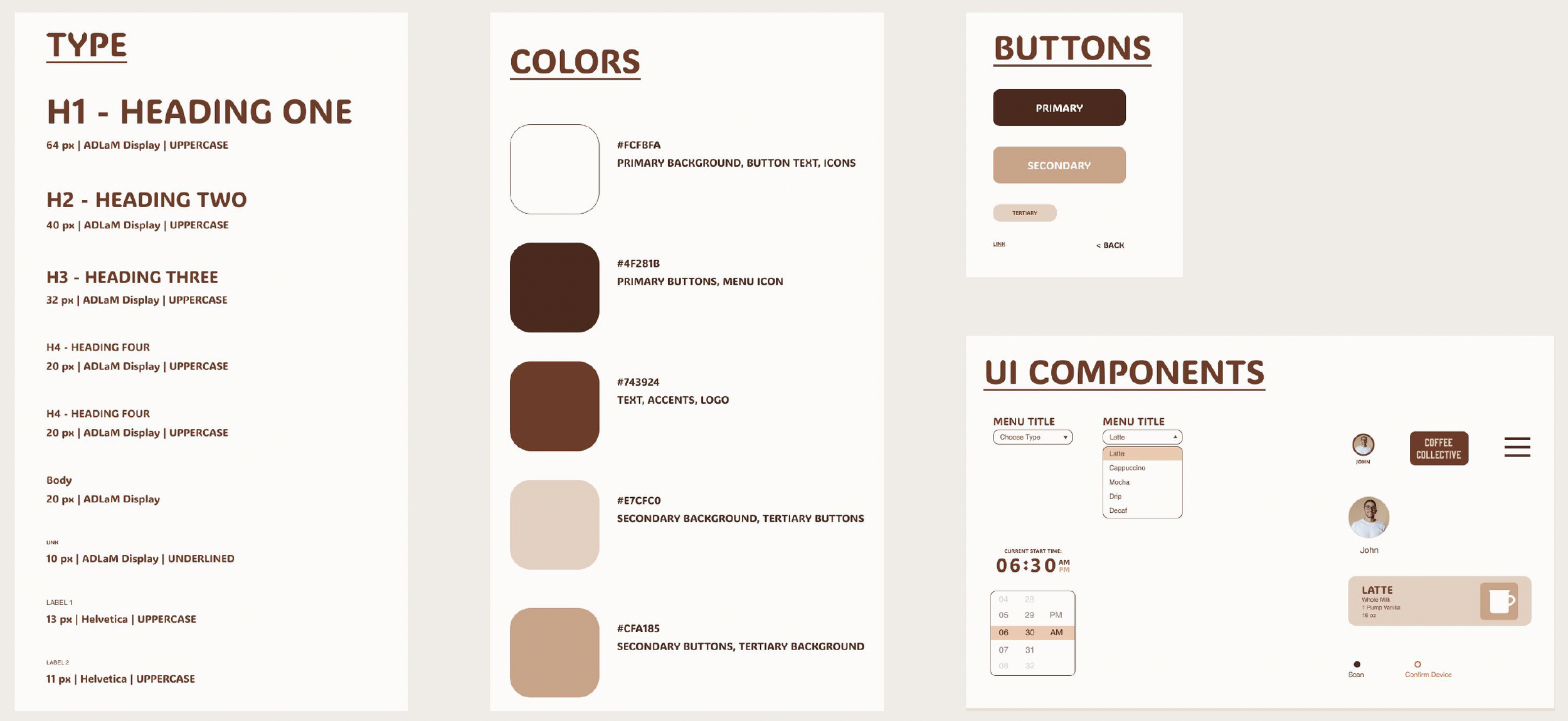 Design style guide showing typography, color palette with hex codes, button styles, UI components like menu and profile icons, and layout elements for a coffee shop app interface.