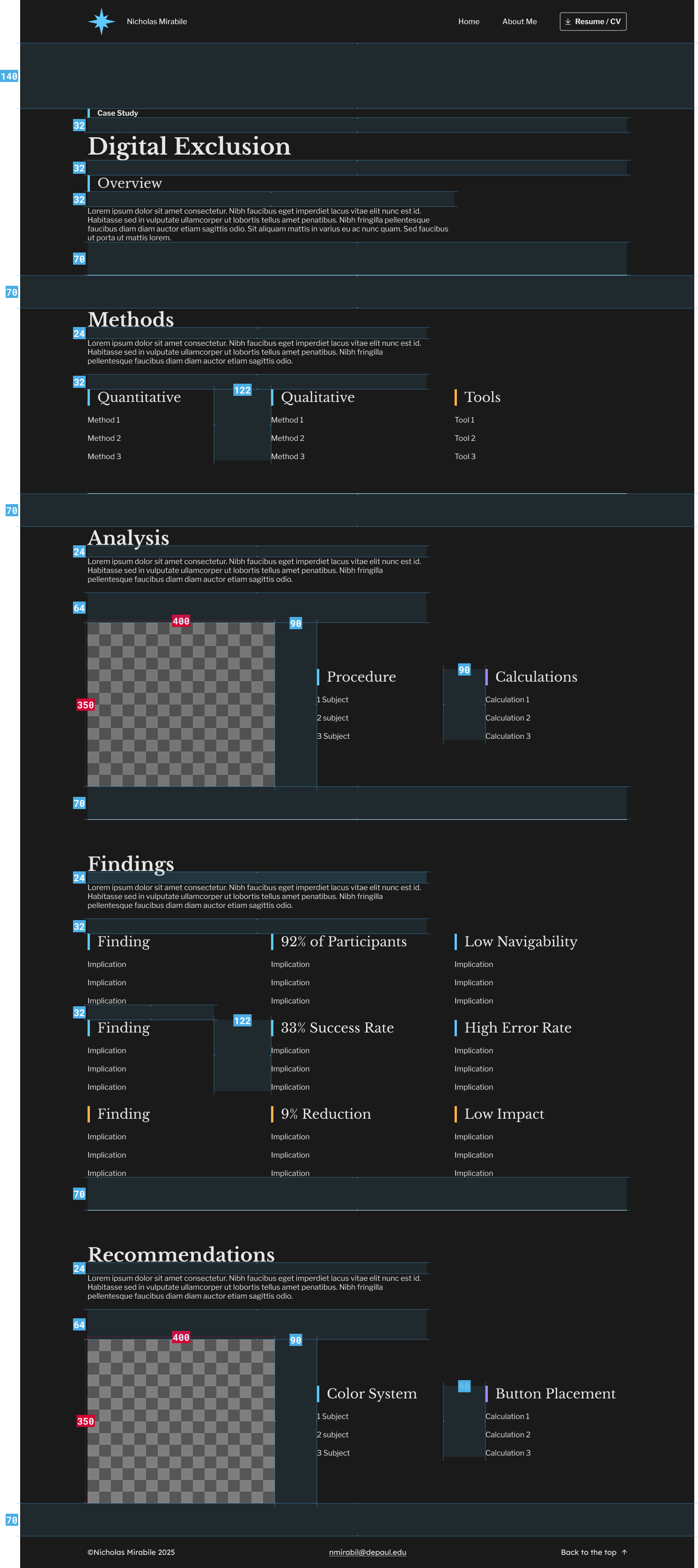 A resume or CV template for Nicholas Mirabile with sections on digital exclusion, methods, analysis, findings, recommendations, and tools, featuring text, charts, and data visualizations.