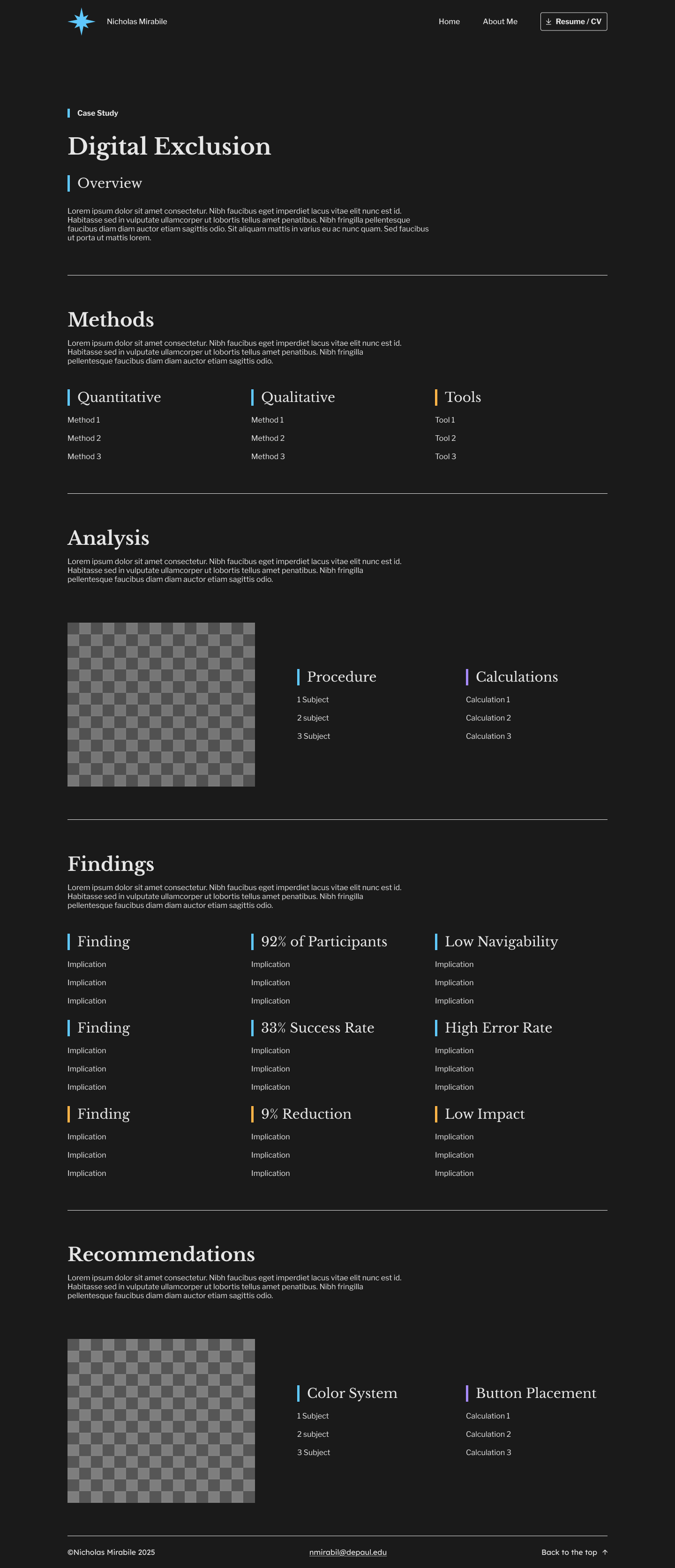 A dark-themed professional presentation slide titled 'Digital Exclusion' with sections on overview, methods, analysis, findings, and recommendations, including placeholder images and text.
