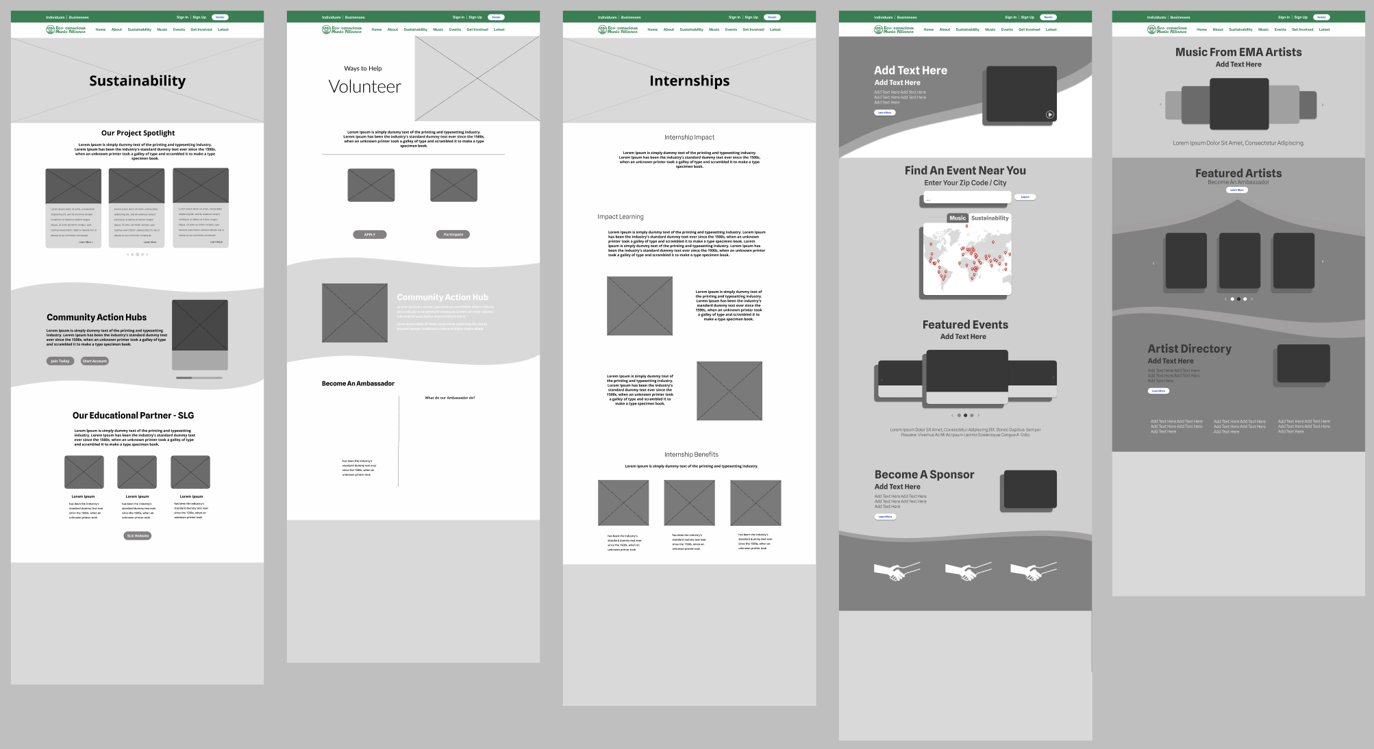 Wireframes of a website layout with sections titled Sustainability, Internships, Add Text Here, and Music From EMA Artists with various placeholders for images, text, and interactive elements.