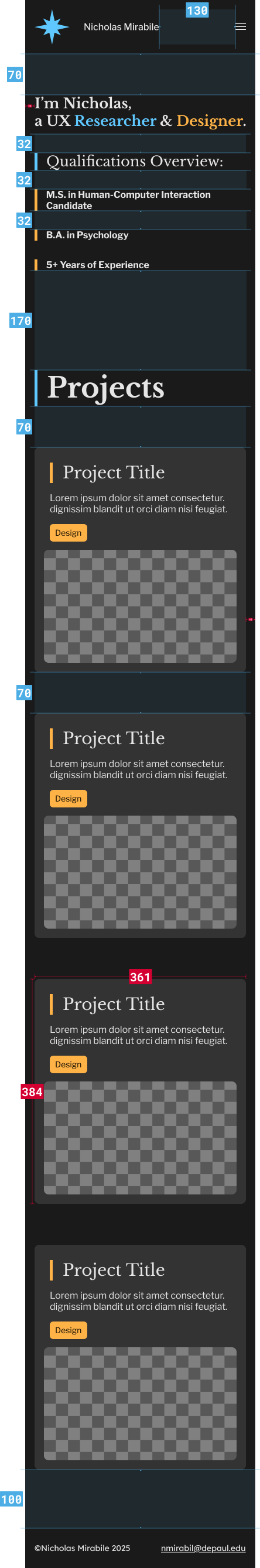 A dark-themed resume or portfolio page of Nicholas Mirabile, a UX researcher and designer. It includes sections for qualifications with degrees in Human-Computer Interaction and Psychology, over five years of experience, and showcases multiple projects with titles, descriptions, and placeholder images.