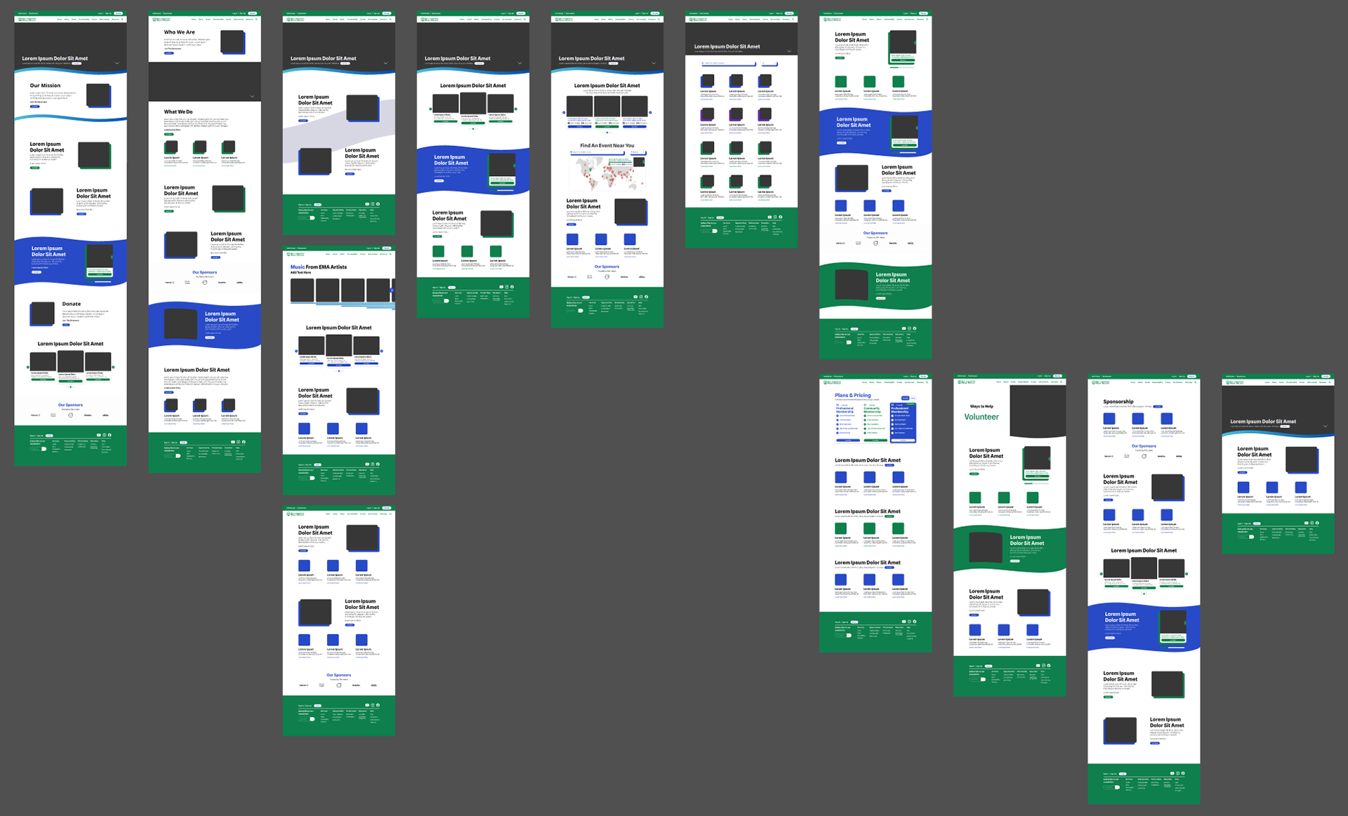 A collection of website wireframes displayed on a dark gray background, showing different page layouts in blue, green, black, and white theme colors.