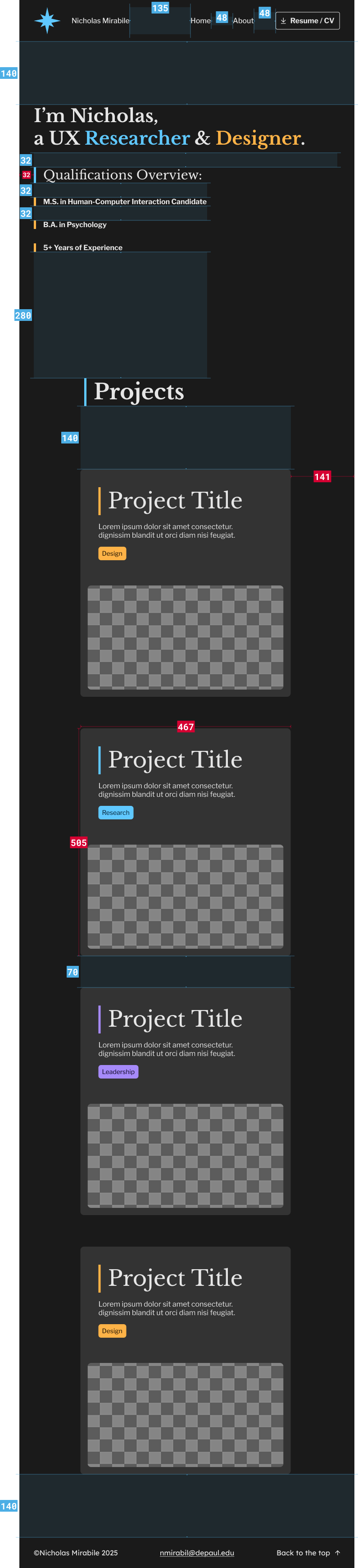 Screenshot of Nicholas Mirabile's personal webpage showcasing his profile as a UX researcher and designer, with sections for qualifications and projects, including project titles, descriptions, and placeholder images.