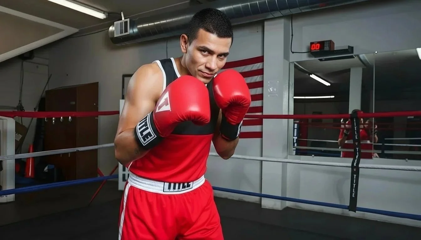 A young man in red boxing gloves and athletic gear poses in a boxing gym.