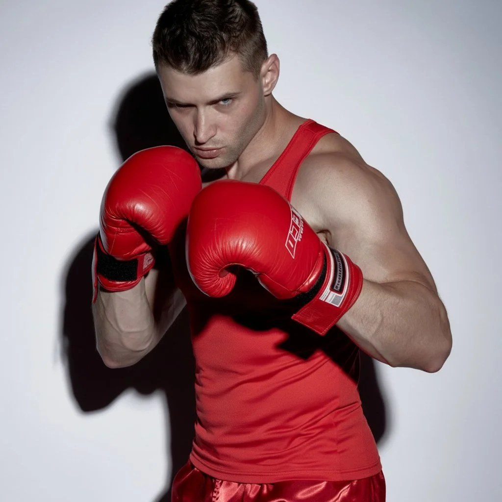 Male boxer in red gloves and shorts posing in defensive boxing stance