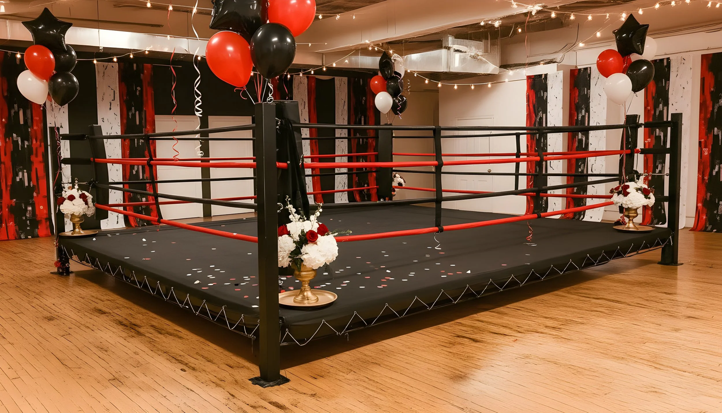 Boxing ring decorated with red and black balloons and flowers for special event at Gleason's gym