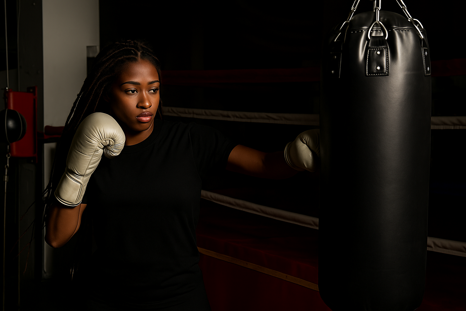 Woman working out with heavy bag in boxing gym training session