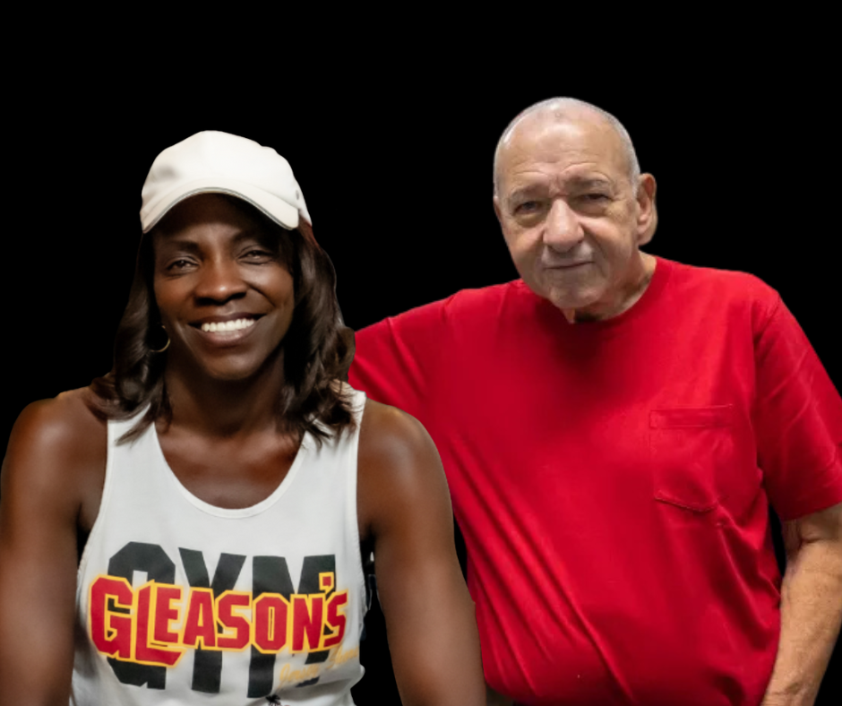 Jacklyn Atkins in Gleason's tank top posing with Bruce Silverglade owner of Gleason's Gym
