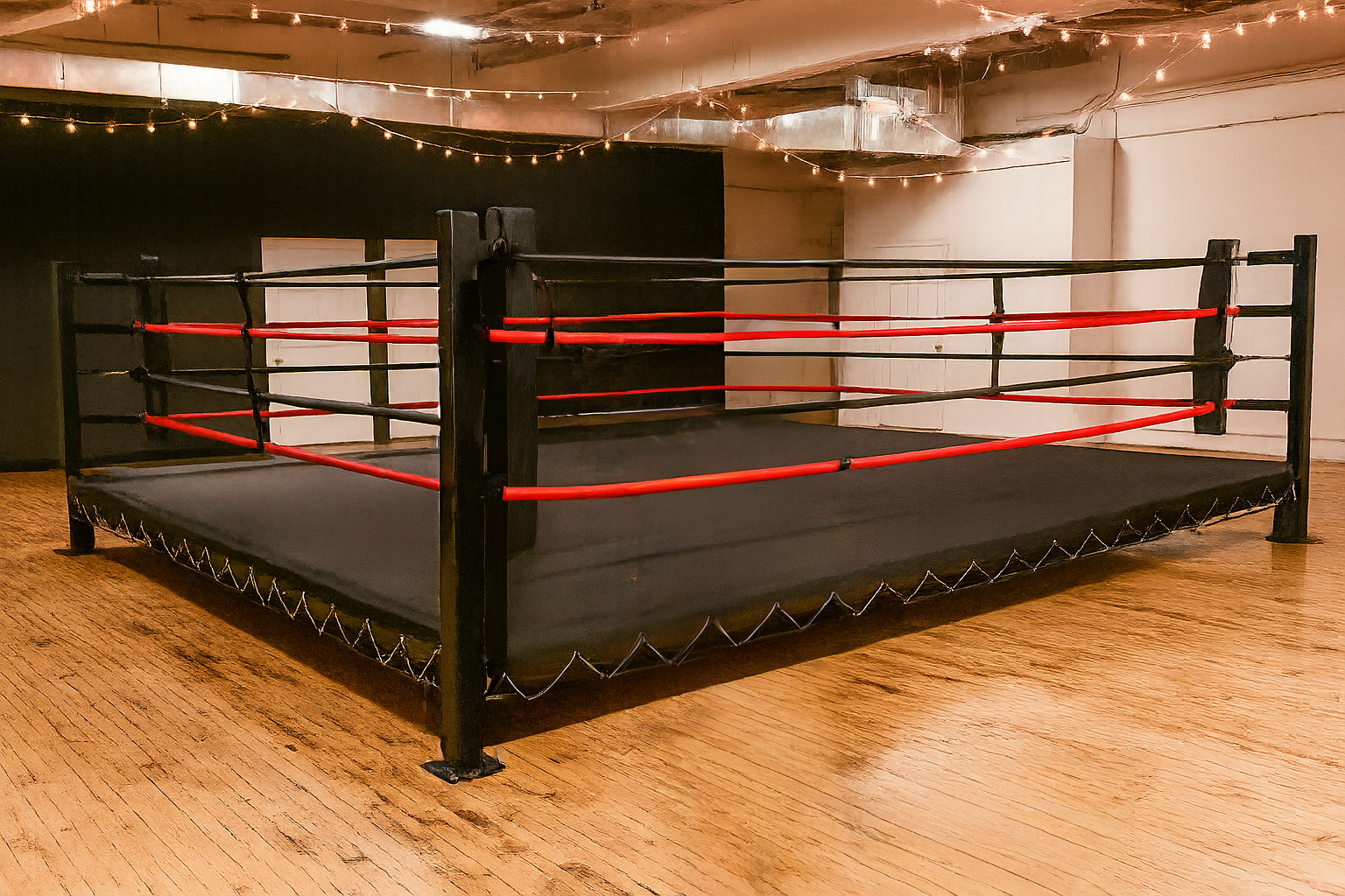 Empty boxing ring with string lights set up for private event at Gleason's gym venue