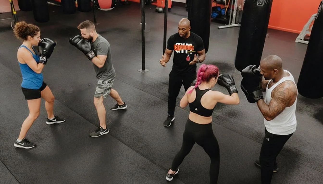 Adult boxing fitness class with diverse group training with mitts at Gleason's gym