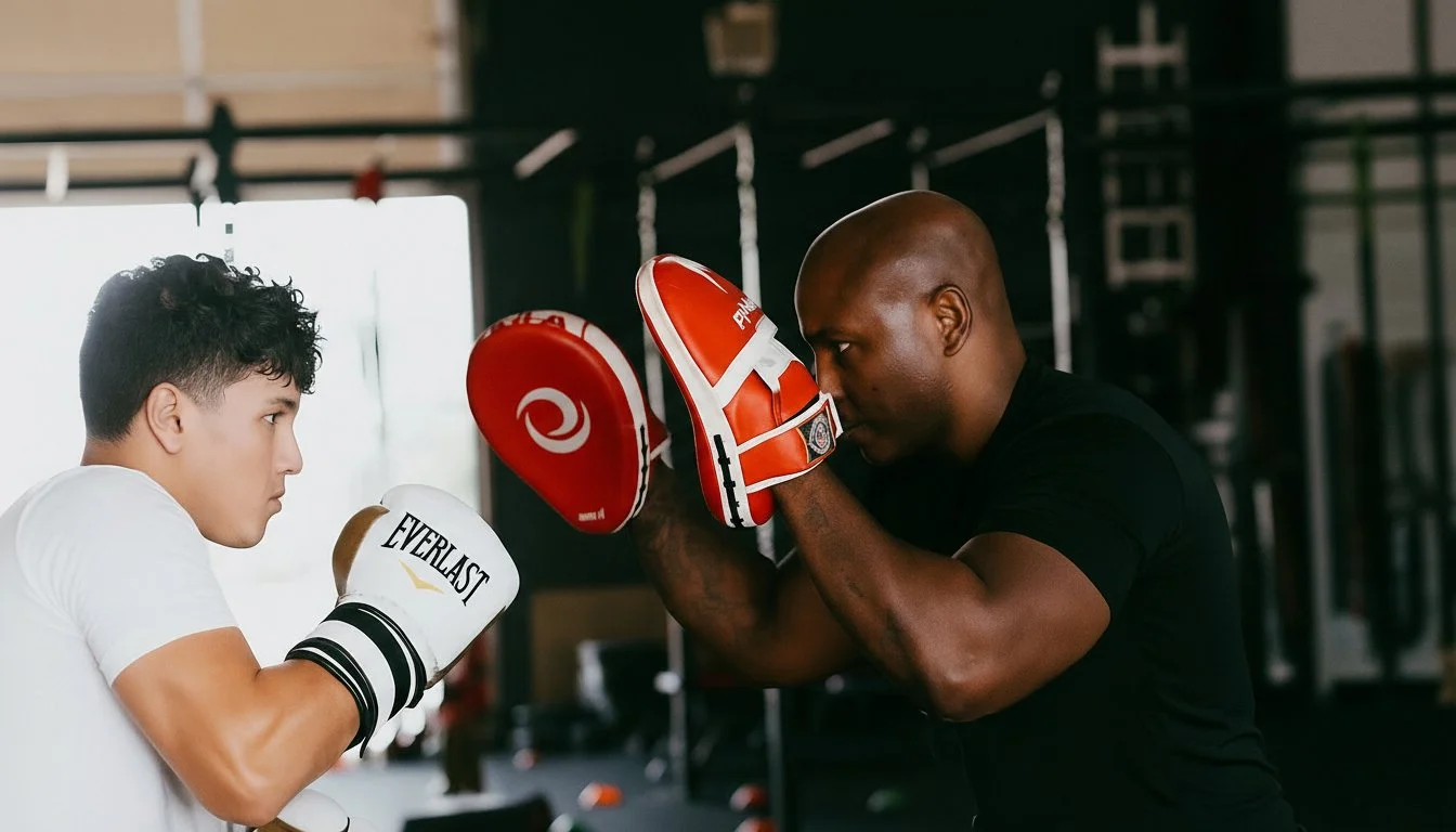One-on-one personal boxing training session with trainer holding mitts at Gleason's gym