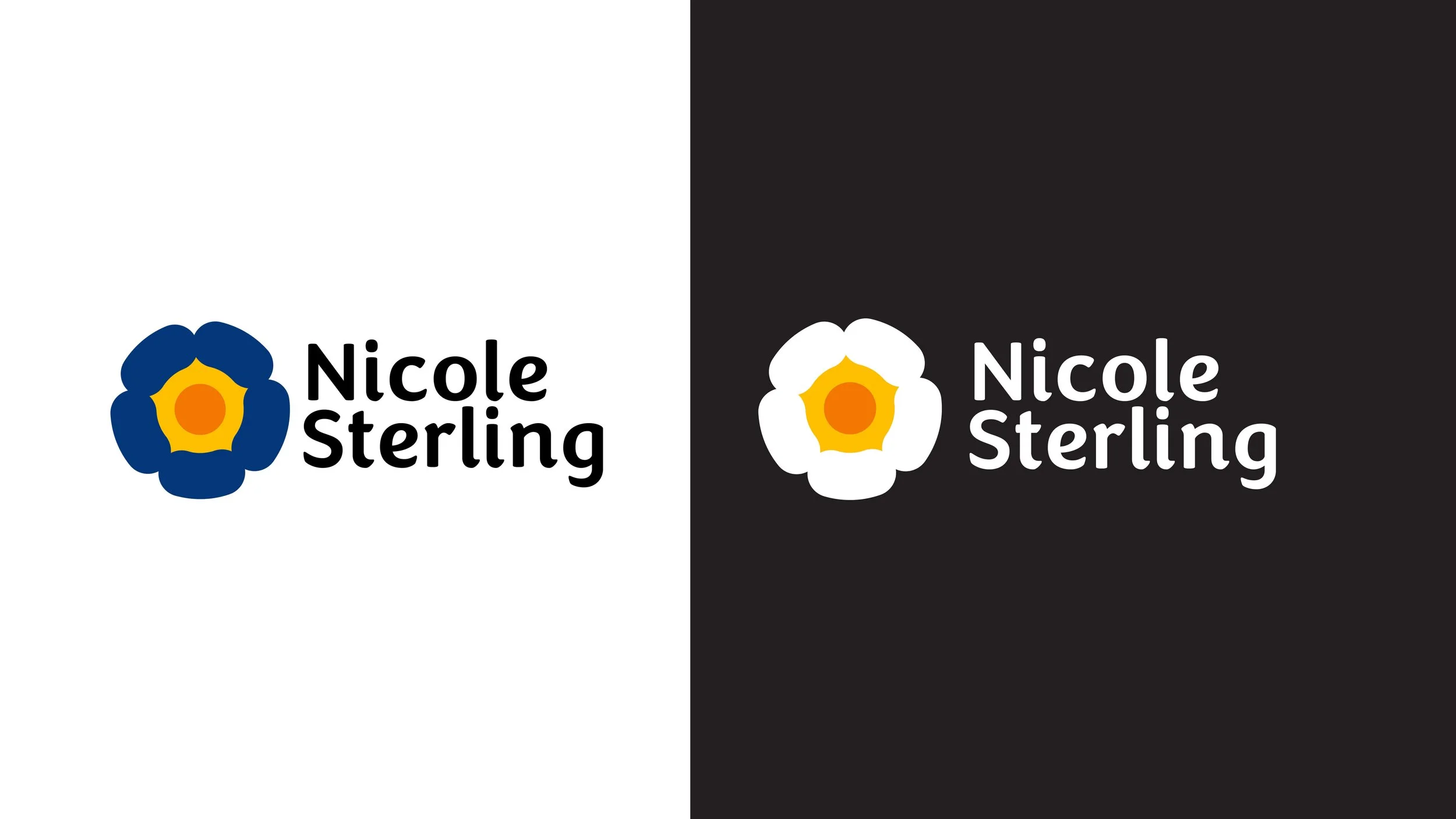 Comparison of two logo variations for Nicole Sterling: one on a white background with a blue and yellow flower icon and black text, and the other on a black background with a white and yellow flower icon and white text.