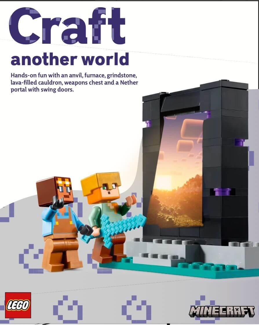 LEGO set packaging featuring two blocky, Minecraft-style characters standing in front of a black portal with purple accents, showing a sunset or sunrise scene through it, and the word 'Craft' with the subtitle 'another world' in large text. The LEGO logo is in the bottom left corner and the Minecraft logo in the bottom right.