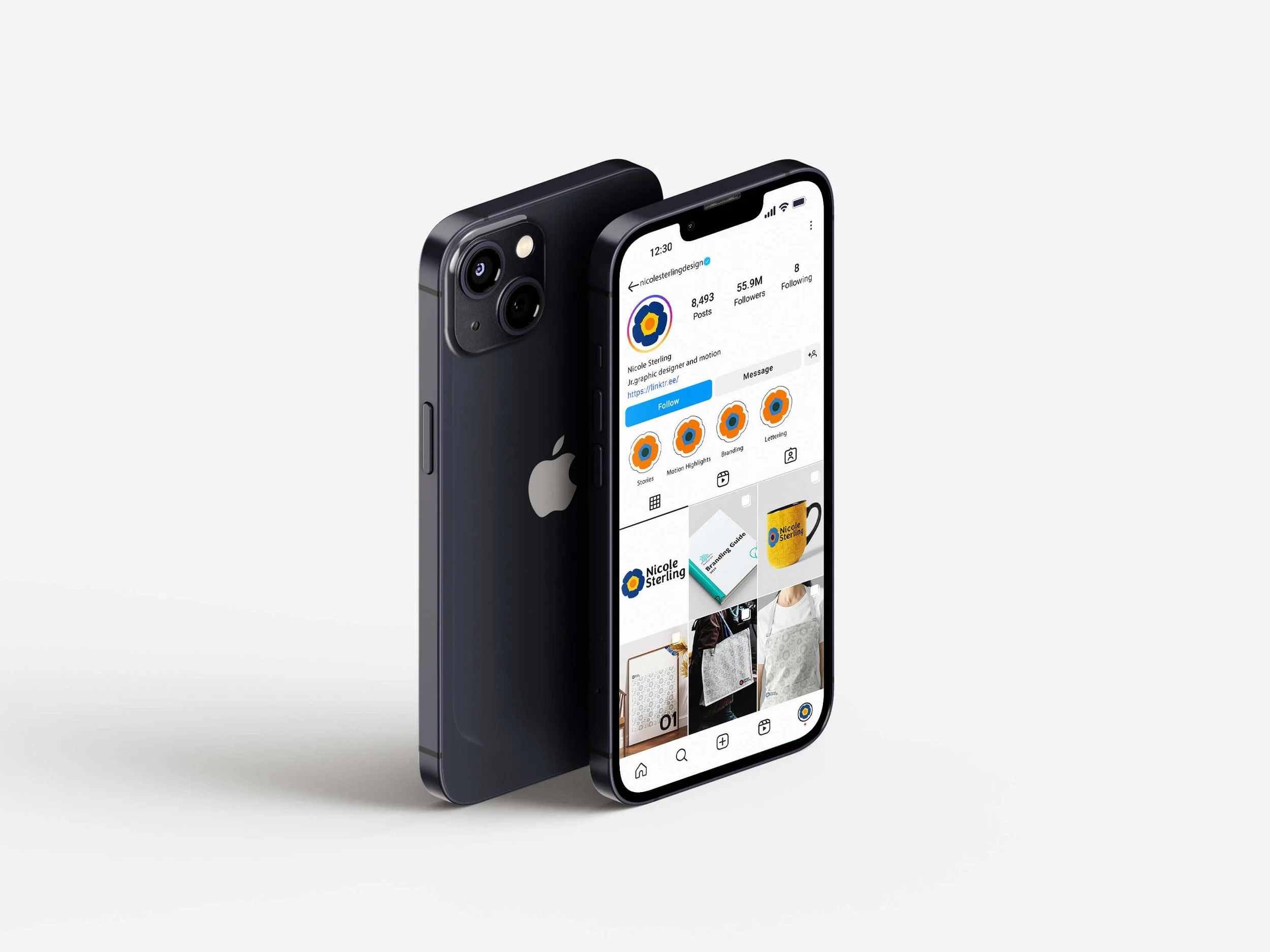 Black iPhone with the screen showing an Instagram profile and a view of various posts, leaning against a plain light grey background.