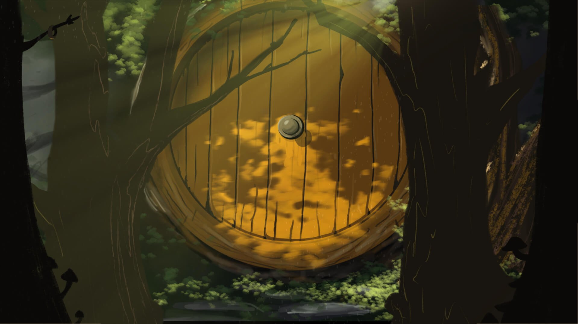 A large wooden door with a metal handle is set into an ancient tree, surrounded by dense green foliage in a forest.