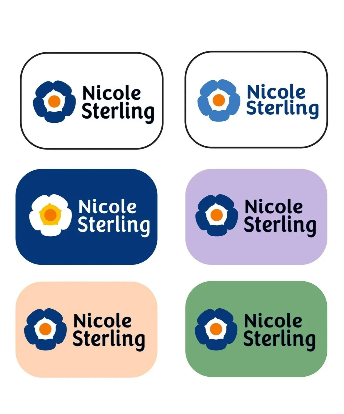 Six variations of a logo with a blue flower and orange center and the name 'Nicole Sterling' in different font styles and background colors.