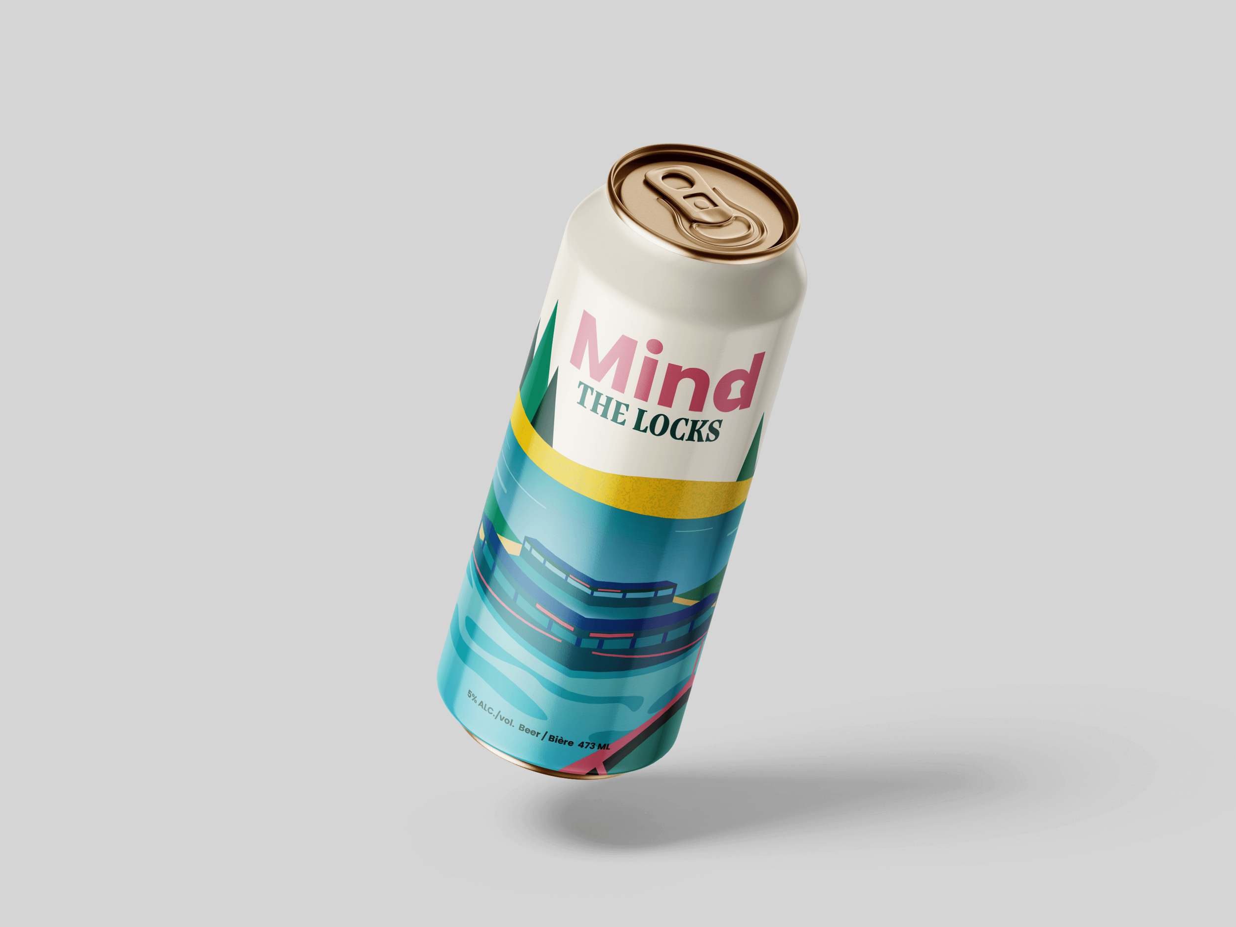 A colorful beer can with the label 'Mind THE LOCKS' against a light gray background.