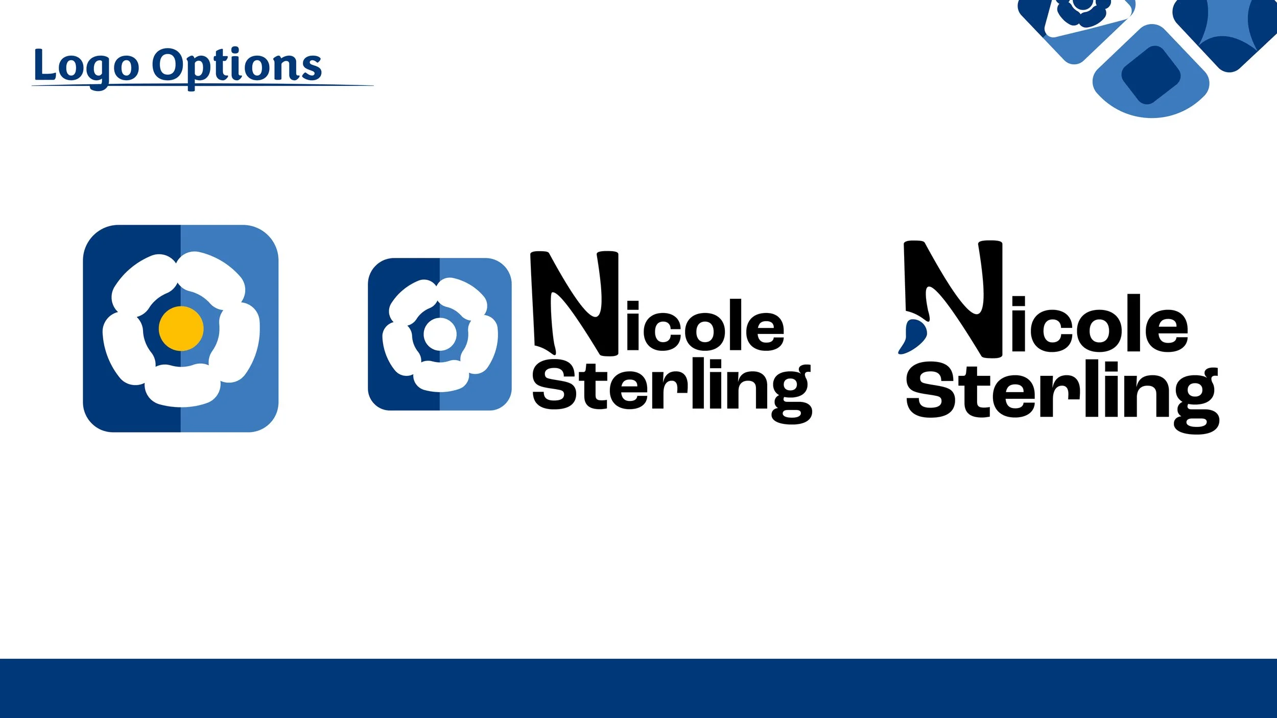 Logo options showing two designs of a white flower with a yellow center on a blue background, with text options for Nicole Sterling in black, featuring different font styles.