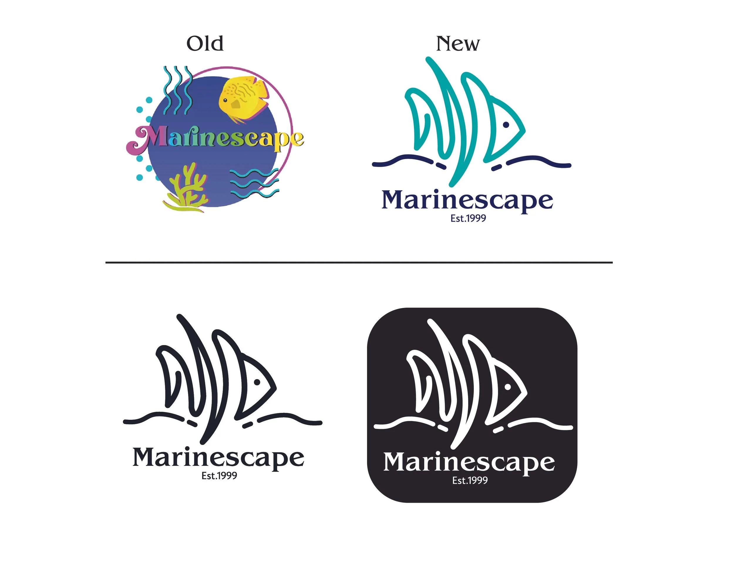 Comparison of four logos for 'Marinescape' with different designs and styles, including color and shape variations.
