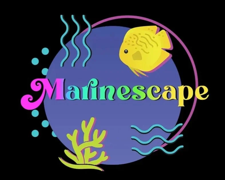 Colorful logo reading 'Marinescape' with a yellow fish, coral, and ocean waves on a blue circle background.