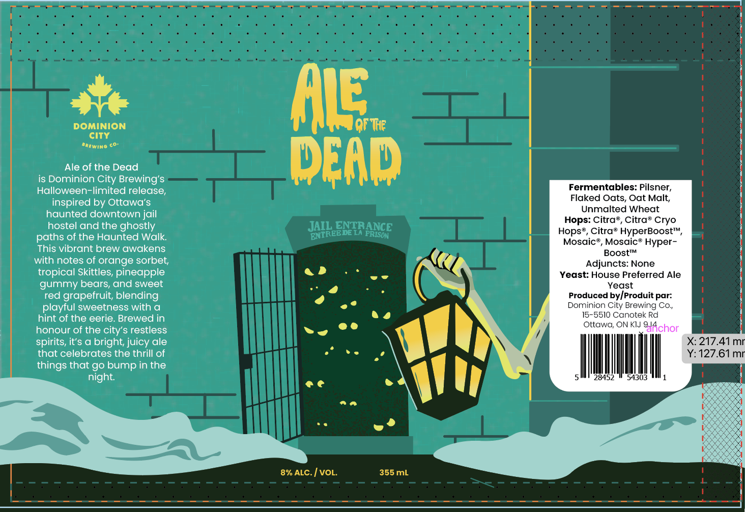 A beer label for 'Ale of the Dead' from Dominion City Brewing Co., featuring Halloween-themed artwork with a haunted jail entrance, orange sorbet, tropical Skittles, pineapple gummy bears, and red grapefruit flavors, with detailed brewing information and a barcode.