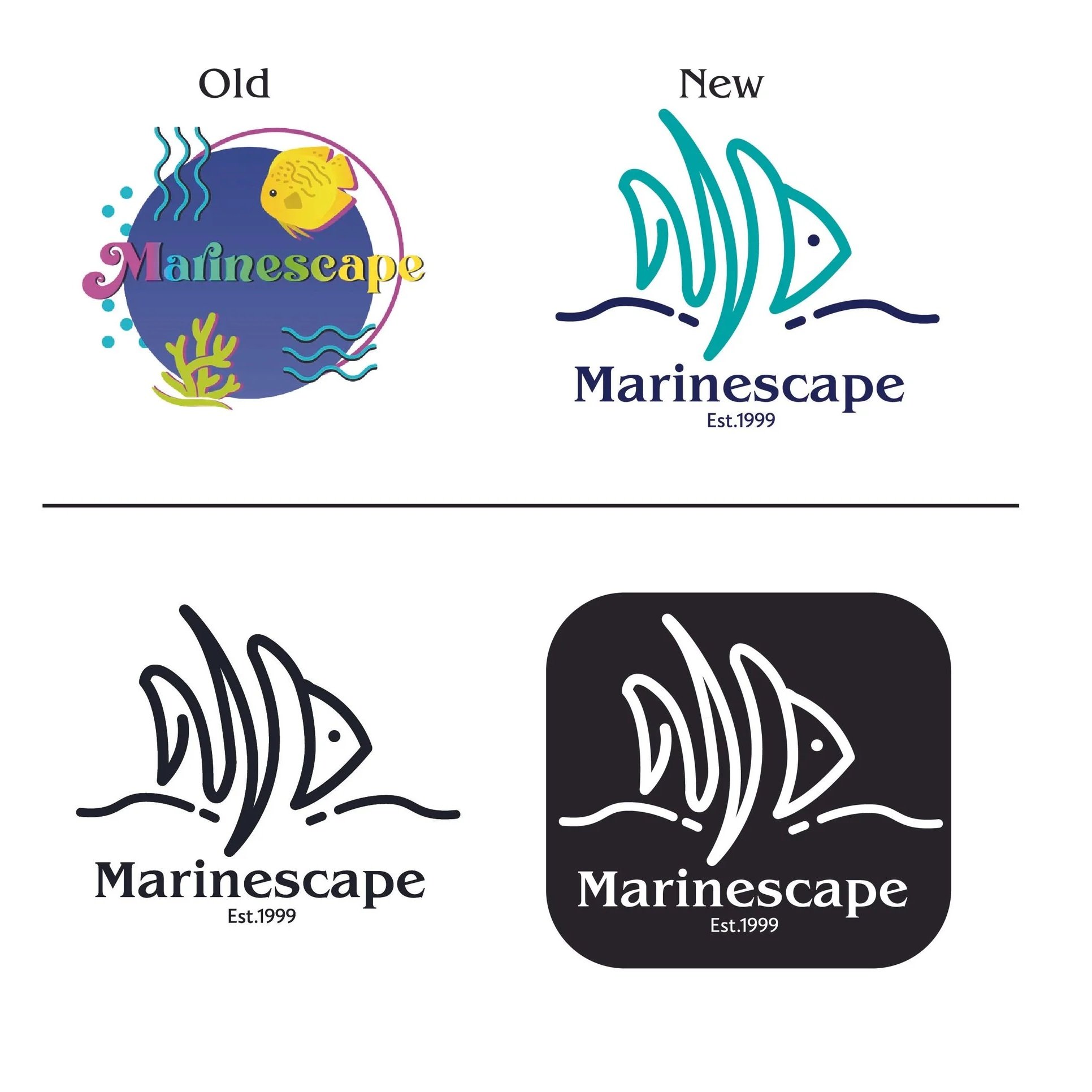 Comparison of old and new logos for Marinesscape, a seafood company, featuring a stylized fish outline.