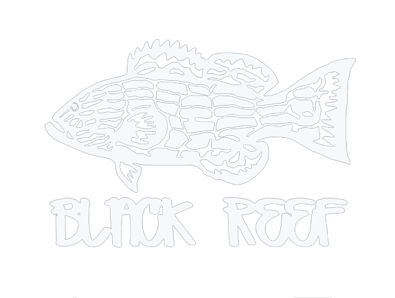 A black and white graphic of a fish with the words "Black Reef" written below it.