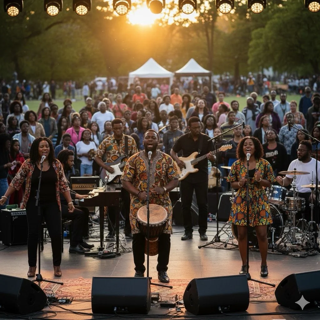 Musicians performing on stage at outdoor concert during sunset, with large audience in park.