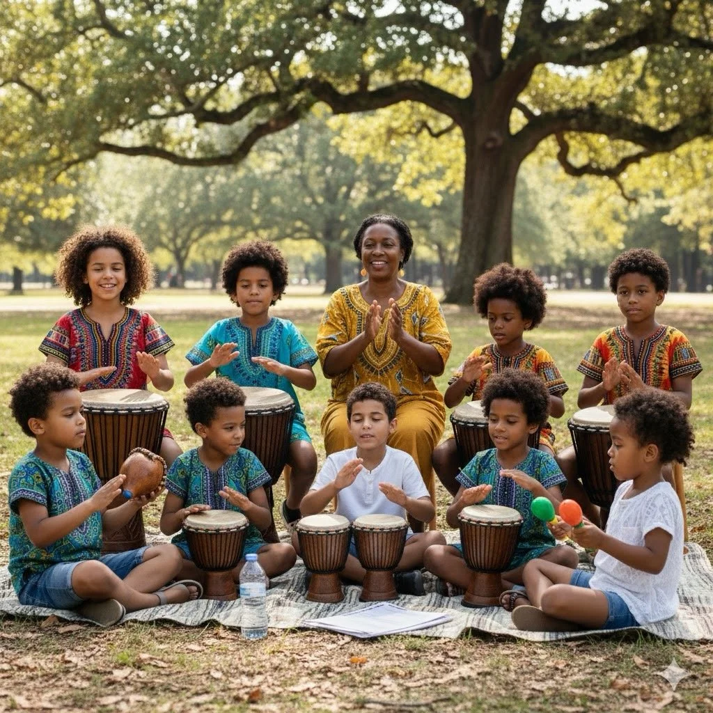 A group of children and an adult woman outdoors in a park, sitting on a blanket and playing drums and maracas, surrounded by a large tree and green grass, enjoying a music session.