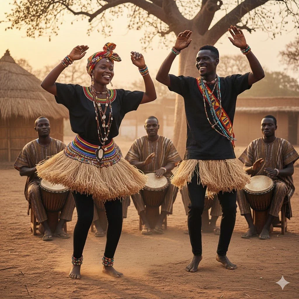 Two people dancing in traditional attire, with three men playing drums in the background, outdoors in a rural setting