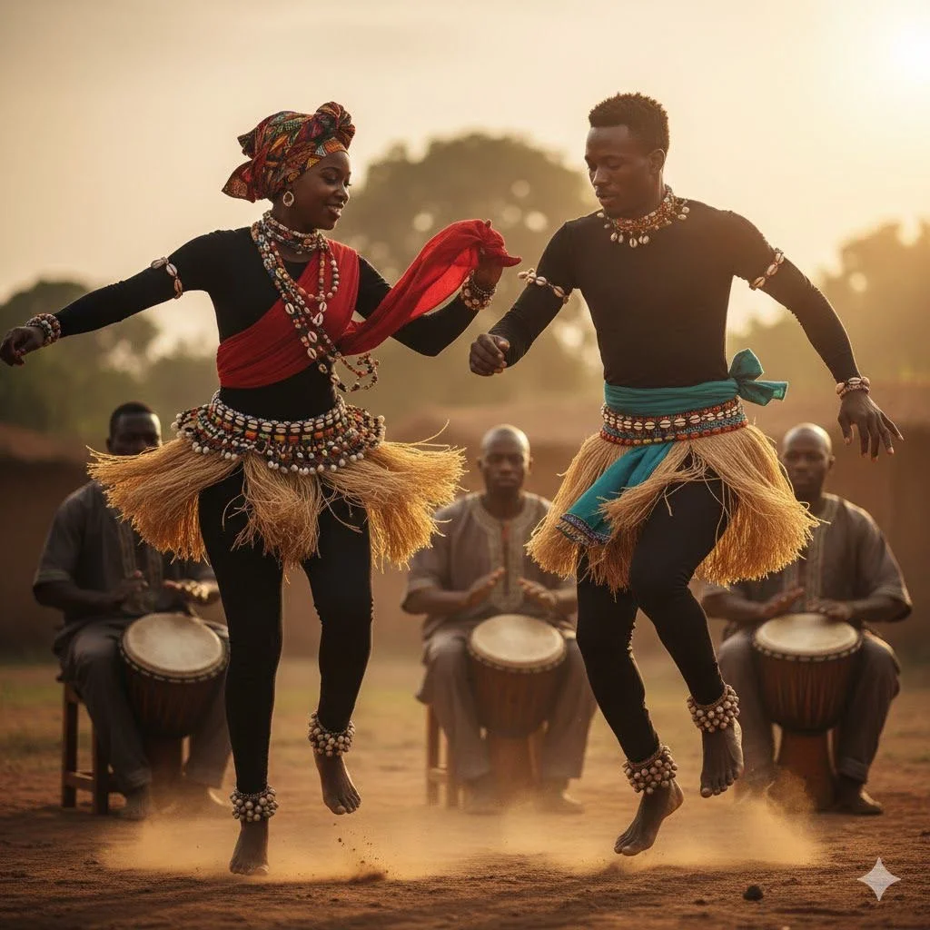 Two traditional dancers, a woman and a man, wearing colorful ethnic attire, dancing in front of seated drummers outdoors during sunset.