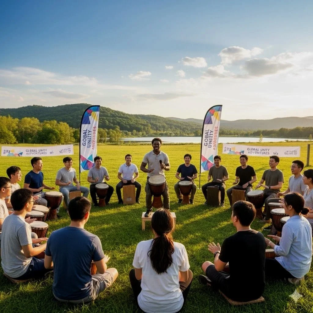 A group of people sitting on the grass in a circle, with some playing drums, during an outdoor event with banners reading 'Global Unity' and a scenic background of hills, water, and a partly cloudy sky.