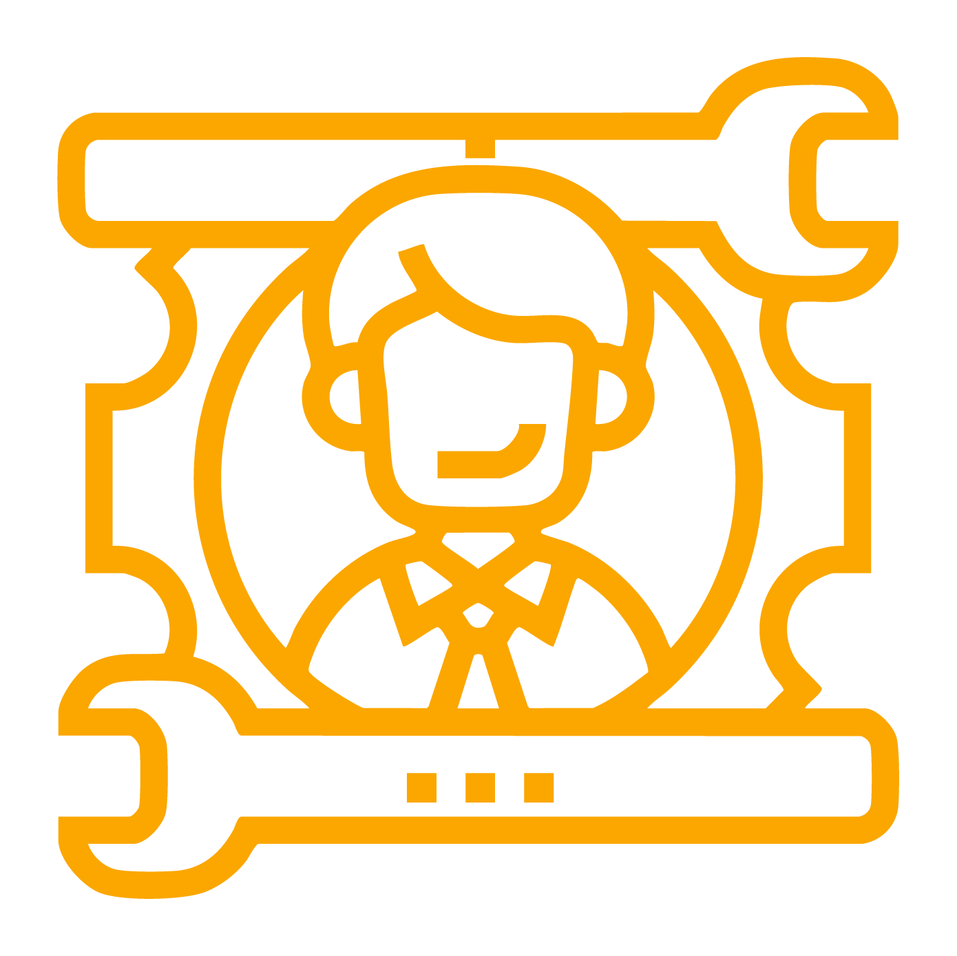 Outline icon of a person wearing a headset, with a wrench around it, symbolizing customer support or technical assistance.