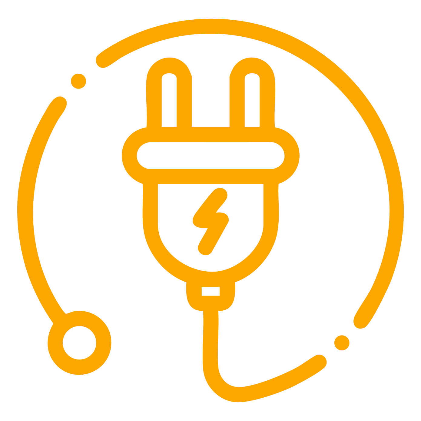 Orange outline of an electric plug with a lightning bolt symbol inside, surrounded by a circular line indicating energy or electricity.