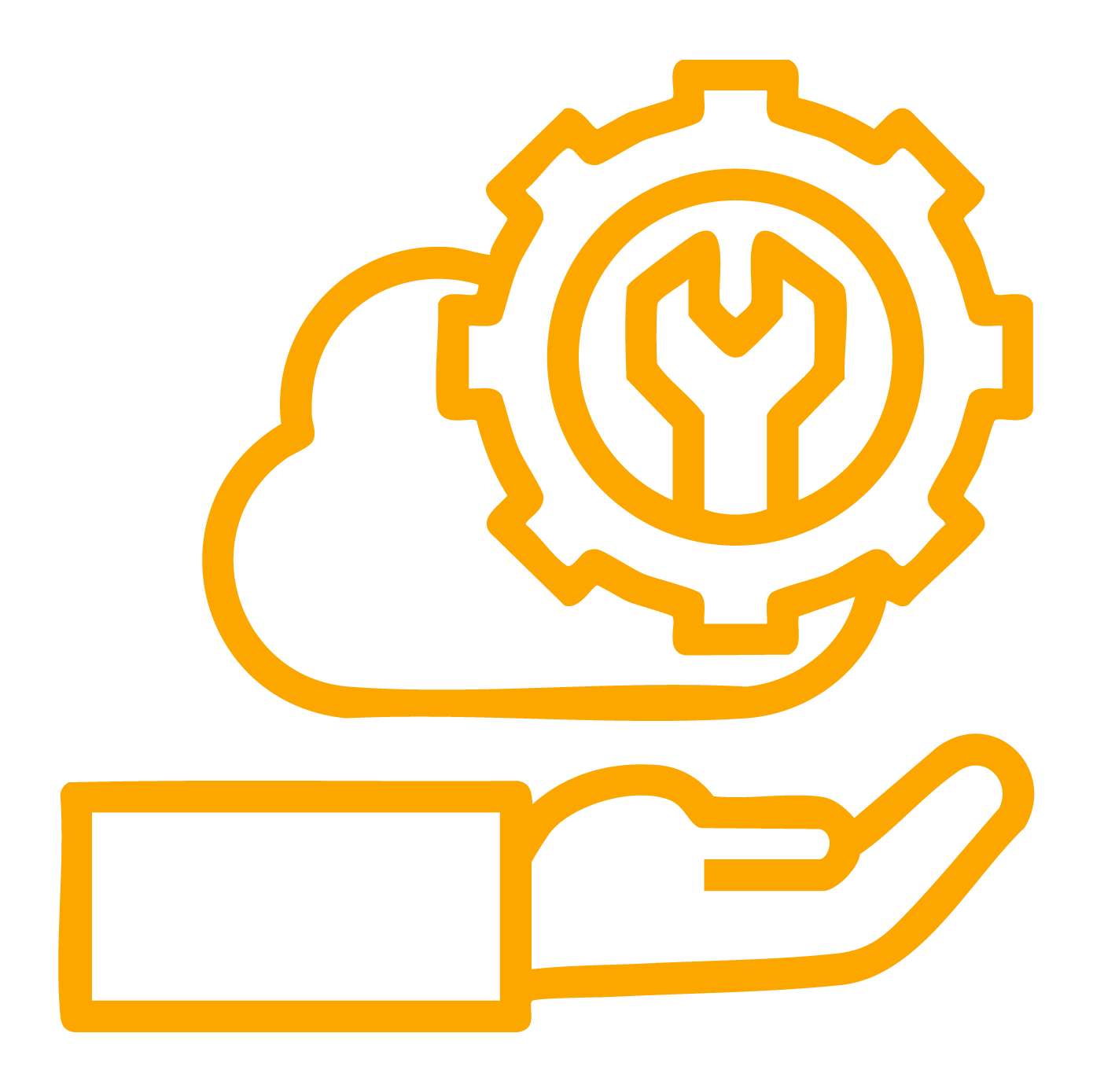Line drawing of a hand holding a cloud with a cogwheel and wrench inside, symbolizing cloud technology and maintenance.