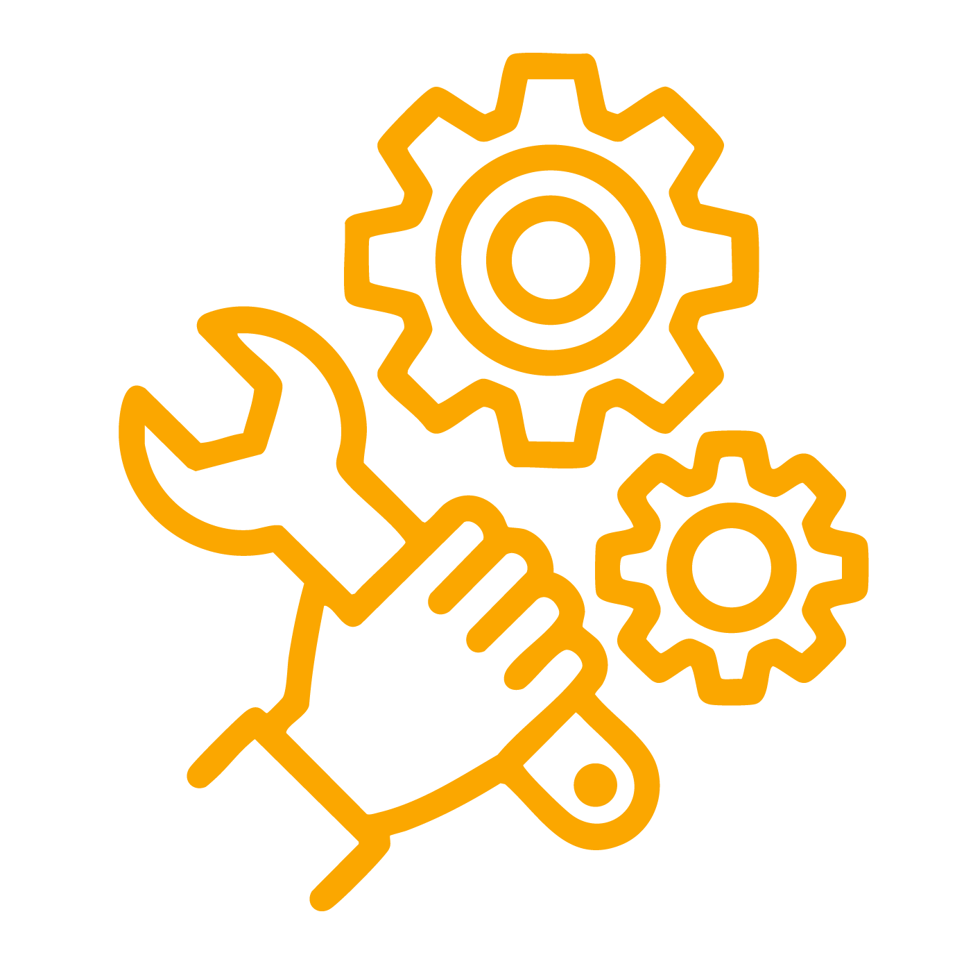 Outline of a hand holding a wrench and two gears indicating repair or maintenance work.
