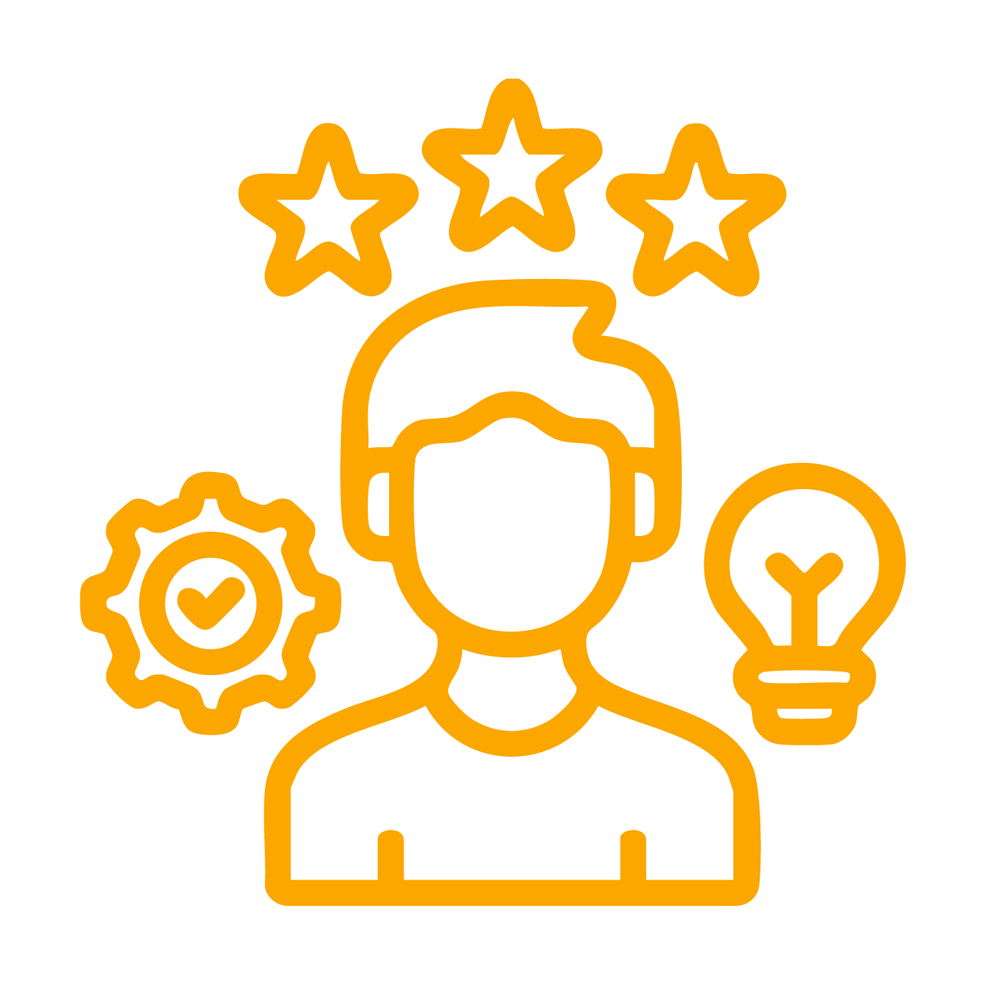 Line drawing of a person with three stars above their head, a gear with a check mark to the left, and a light bulb to the right, symbolizing ideas, skills, and achievement.