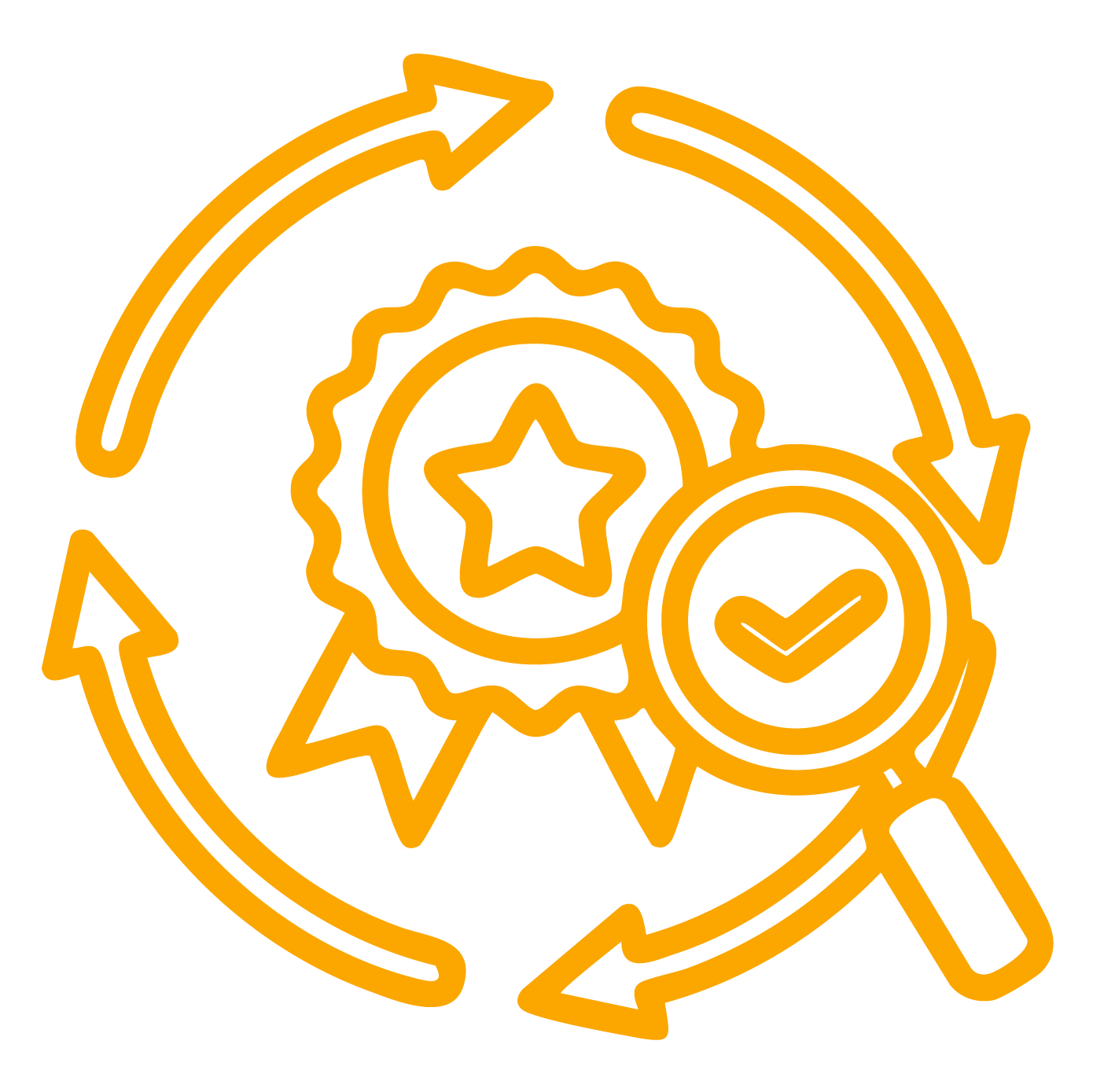 An orange outline icon depicting a magnifying glass over a badge with a star, surrounded by circular arrows.