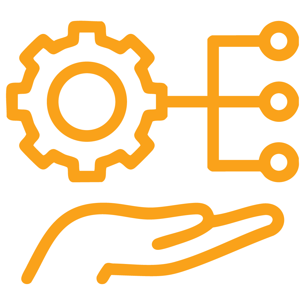 MMJ Electrical I An orange line drawing of a hand holding a gear and circuit diagram, symbolizing technology and support.