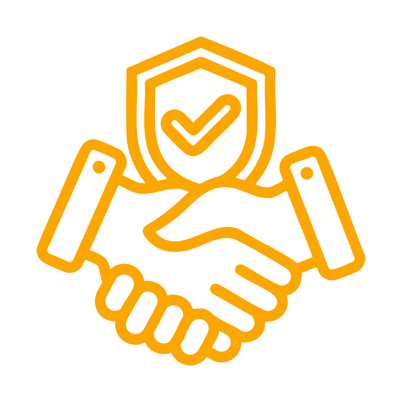 Orange outline icon of two hands shaking with a shield and checkmark above.