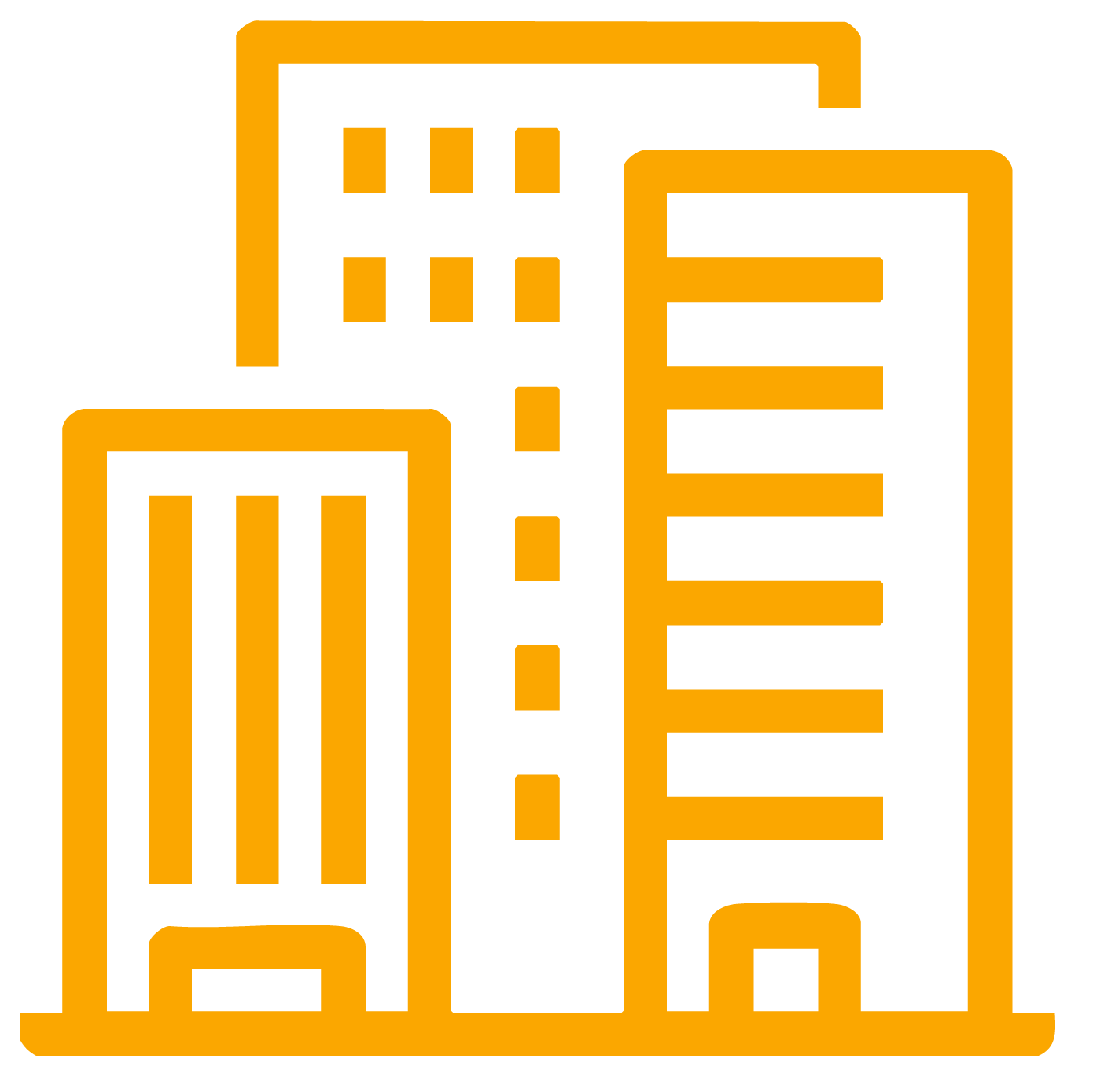 MMJ Electrical I Outline of three multi-story buildings in orange color on a black background.